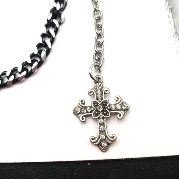 Mens Wallet Or Pants Single Layer Black+Silver Tone Chain + Goth Cross -17" - Picture 5 of 9